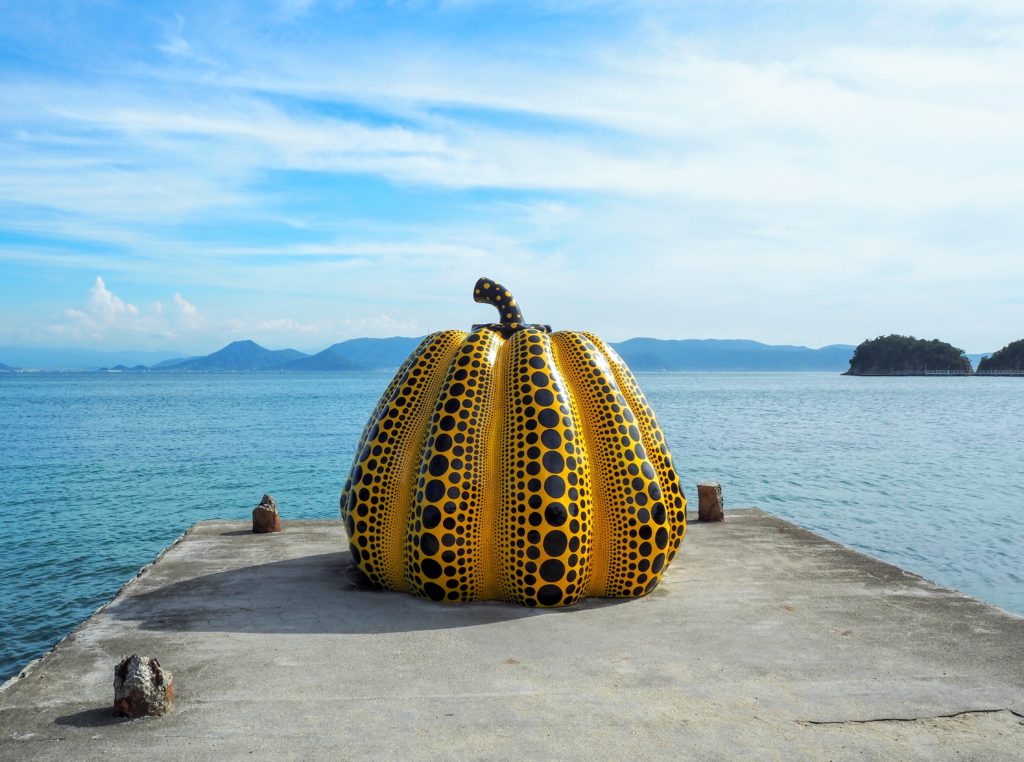 Yayoi Kusama's 'Pumpkin' artwork on Naoshima Island, Japan, in